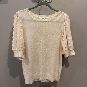 Women’s Cream Knit Top with Pom-Pom Sheer Sleeves